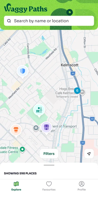 The map of dog-friendly places in the Waggy Paths app