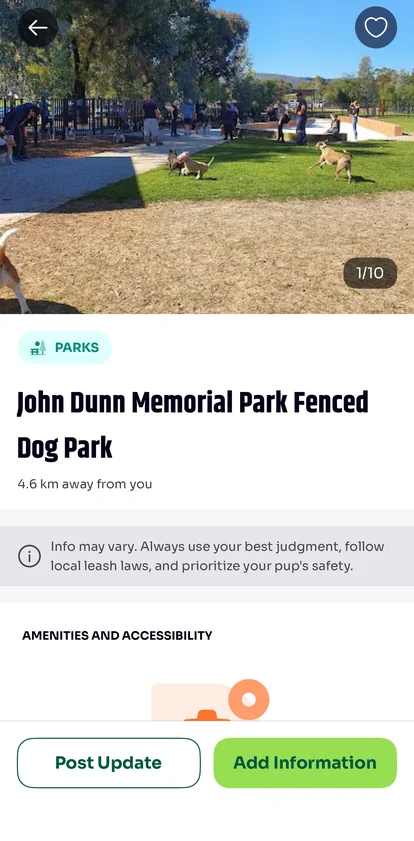 A place's page in the Waggy Paths app, with its leash rules and amenities
